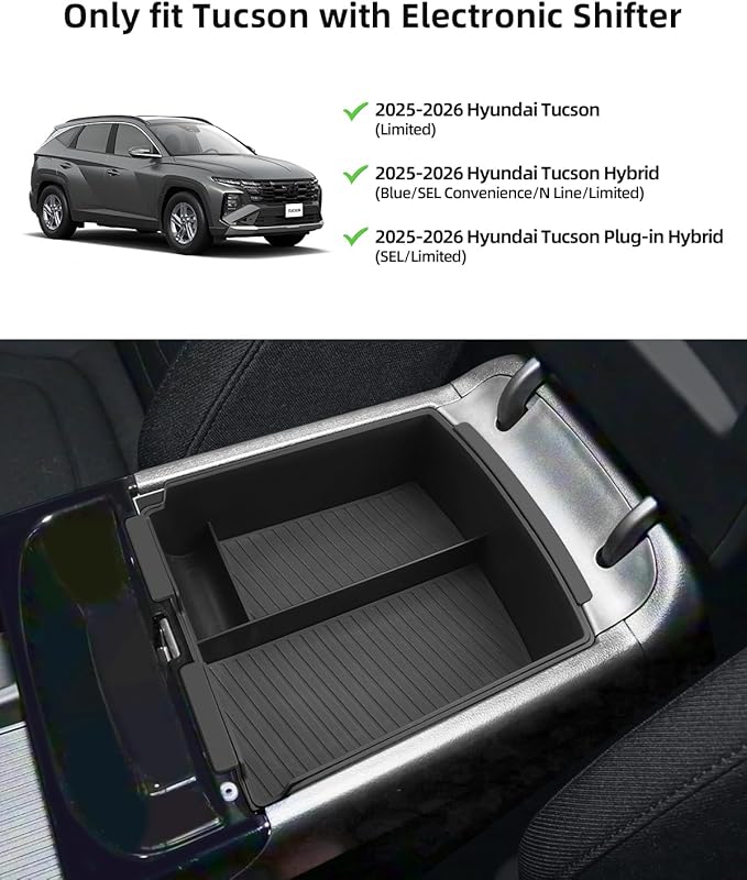 Double-Layer Center Console Armrest Organizer for 2026 2025 Hyundai Tucson(Limited)/Tucson Hybrid/Tucson Plug-in Hybrid, 2026 2025 Hyundai Tucson accessories-ONLY Fit Electronic Shift
