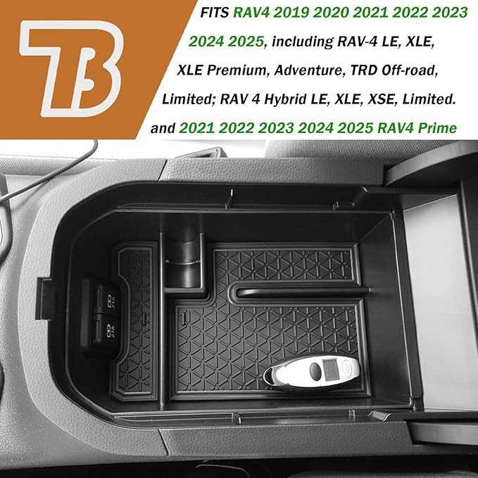 TACORBO Center Console Organizer Compatible with Toyota RAV4 2019 2021 2020 2022 2023 2024 2025 and 2021-2024 2025 RAV4 Prime Accessories, Armrest Secondary Storage Box Insert Tray, Black Trim
