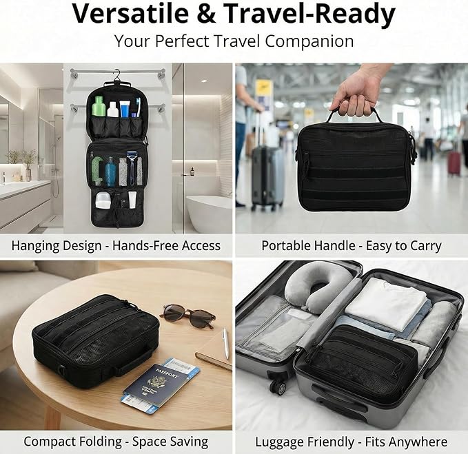 VELVEBAG ﻿Tactical Toiletry Bag for Men, Mens Toiletry Travel Bag, Hanging Dopp Kit Waterproof TravelShaving Hygiene Bag, Bathroom Multi-pocket Organizer, for Short Trips, Camping & Gym, Black