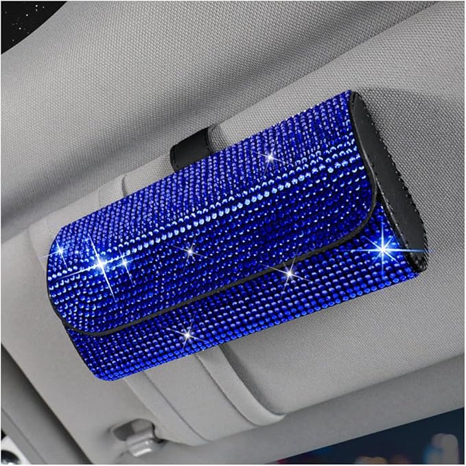 Osilly Bling Car Sunglass Holder for Sun Visor, Sparkling Crystal Leather Automotive Eyeglasses Mount Clip Organizer with Hidden Magnetic Closure for Men Women, Universal for SUV Truck Van（Blue）