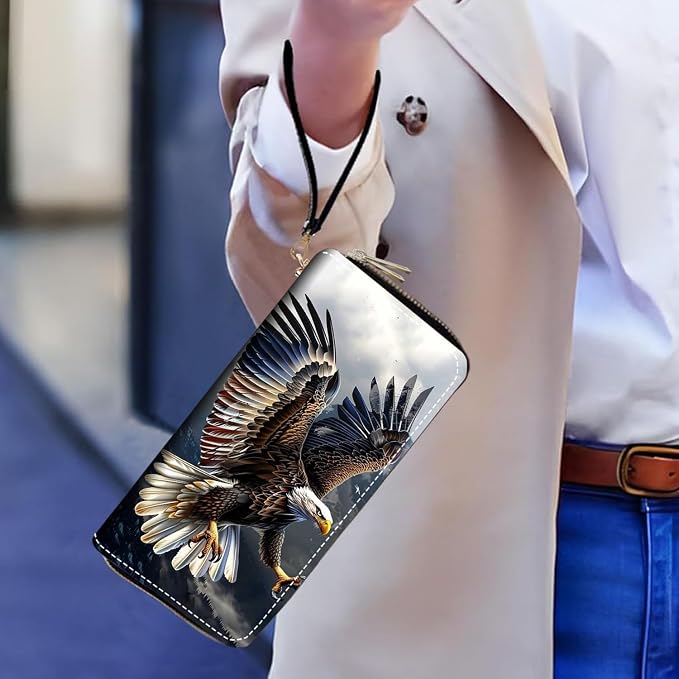 Women's Large Capacity Wallet PU Leather Double Zipper Clutch Purse Multifunctional Wallet with Removable Wristlet Strap for Smart Phone/Coin/Card/Cash, Bald Eagle