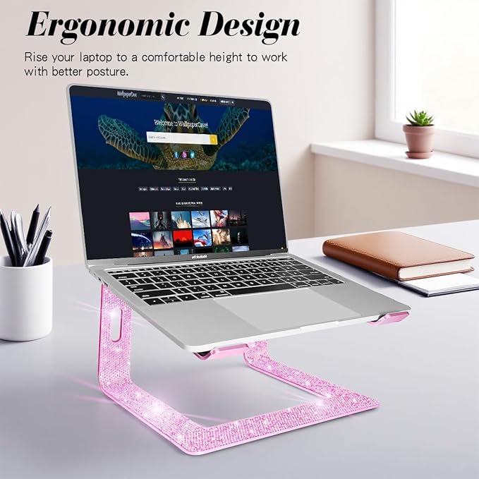 Bling Aluminum Laptop Stand,Glitter Ergonomicic Computer Stand for Desk with Sparkle Rhinestones,Detachable Notebook Riser Compatible with Air, Pro, Dell, HP, 10-15.6" Laptops (Pink)