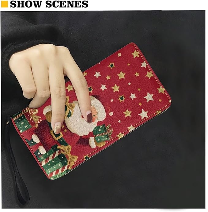 Bulopur Santa Claus Wallet for Women Christmas Gifts for Mom PU Leather Credit Card Holder Money Long Wallet with Wristlet Large Capacity Zip-Around Phone Purse for Ladies Girly