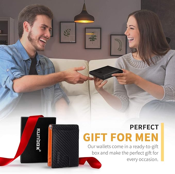 RUNBOX Slim Wallets for Men with RFID Blocking & Minimalist Mens Front Pocket Wallet Leather Black&inner Orange