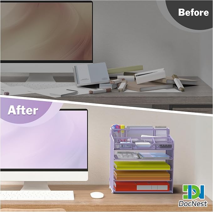 Docnest 5 Tier Mesh Desk Organizer for Paper Office Supplies – Multi-Functional Letter Tray with 5 Adjustable Compartments, 3 Pen Holders, Desktop Storage for Files, Mail, Stationery – Purple