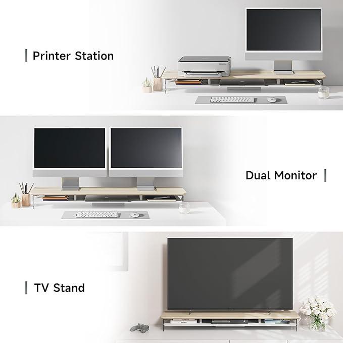 Fenge Acrylic Monitor Stand, 42.5 Inch Clear Dual Monitor Riser with Metal Storage, 2 Tier Computer Riser with LED Lights for Desk, Laptop, Printer, TV