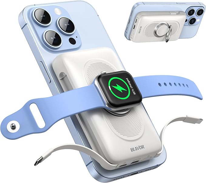 BLAVOR for Magsafe Portable Charger with Built-in Cables, 10000mAh Wireless Magnetic Power Bank with Stand, USB C 20W PD Fast Charging Travel Battery Pack for iPhone 17/16/15/14/13/12 and Apple Watch