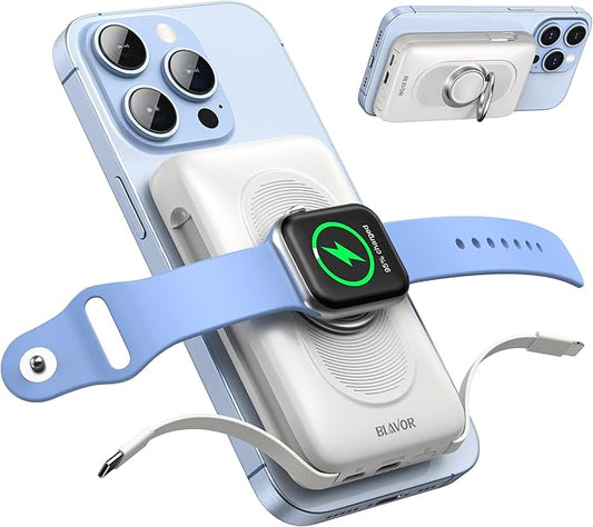 BLAVOR for Magsafe Portable Charger with Built-in Cables, 10000mAh Wireless Magnetic Power Bank with Stand, USB C 20W PD Fast Charging Travel Battery Pack for iPhone 17/16/15/14/13/12 and Apple Watch