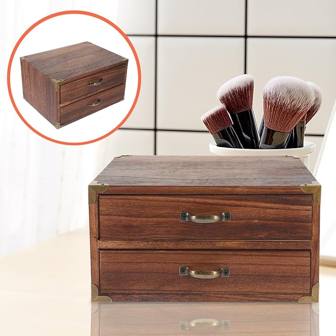 Garneck Wooden Organizer with 2 Drawers Desktop Vintage Storage Box Multifunctional Small Cabinets for Makeup Jewelry File Paper Sundry Containers for Home Office