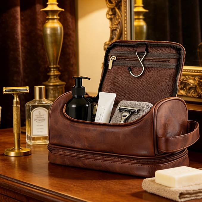 Toiletry Bag for Men Travel Essentials Shaving Dopp Kit with Hanging Hook, Waterproof Toiletry Bag with Dry Wet Separation, PU Leather Travel Organizer for Camping Business, Reddish Brown