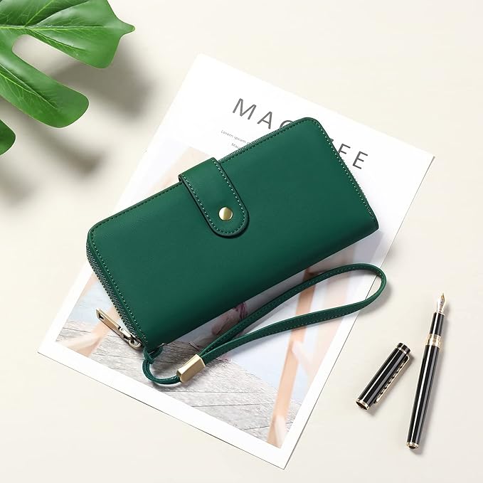 GAEKEAO Wallet for Women Clutch RFID Blocking Wristlet Leather Purse Large Capacity Credit Card Holder with Grip Hand Strap