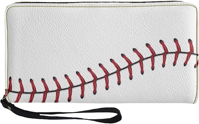 Bulopur White Baseball Print Women Girl Clutch Zip Credit Card Holder Wallet with Wristlet Long Pu Leather Purse
