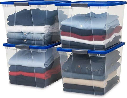 HOMZ 4-Pack Secure Latch, Clear Plastic Storage Organizer Bins, 64 Quart, Blue Lid - Stackable Container Boxes for Bedroom, Bathroom, Garage, and Office Organization