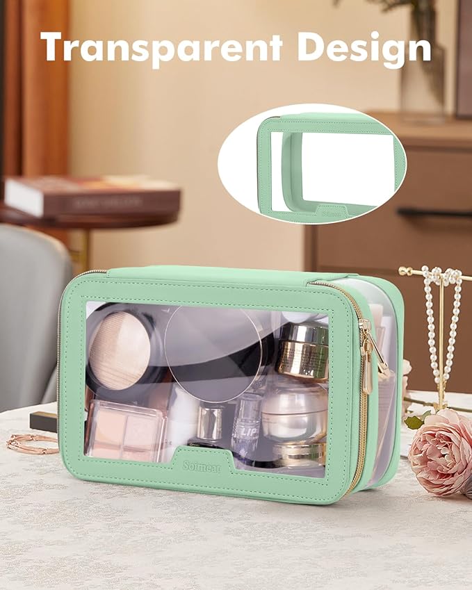 Soimeat Travel Clear Makeup Bag with Makeup Brush Bag, Leather Makeup Case Toiletry Bag, Portable Cosmetic Bag Case, Transparent Waterproof Cosmetic Organizer Storage Bag for Women, Mint Green