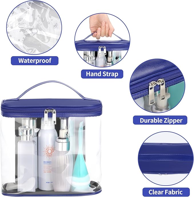 HAOGUAGUA Heavy Duty Leak Proof Clear Travel Bags for Toiletries, Transparent Makeup Cosmetic Bag with Zipper and Handle (1PCS BLUE, Large)