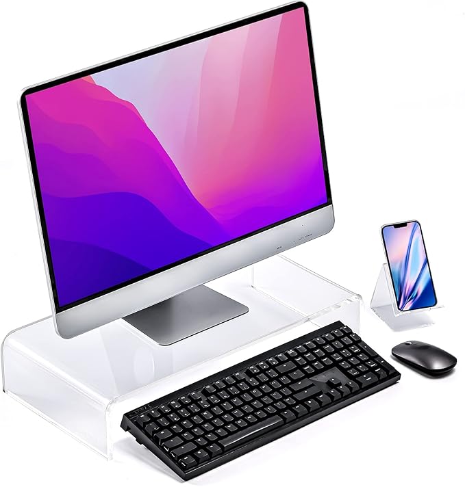 Premium Acrylic Monitor Stand, Extra-Wide Clear Computer Riser 20"x10"x4" ??Laptop Stand, Desktop Organizer for Office & Home, TV, Printer, iMac, Laptop ??Bonus Acrylic Phone Holder
