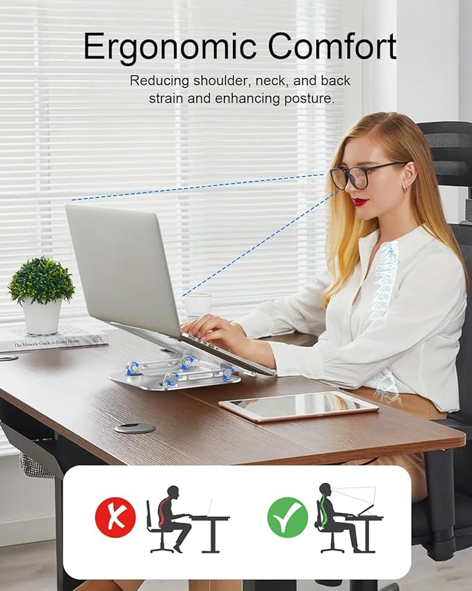 Laptop Stand for Desk, Adjustable Metal Foldable Laptop Riser Holder, Aluminum Desktop Book Stands, Ventilated Cooling Computer Notebook Stand with 10-17" (Silver)
