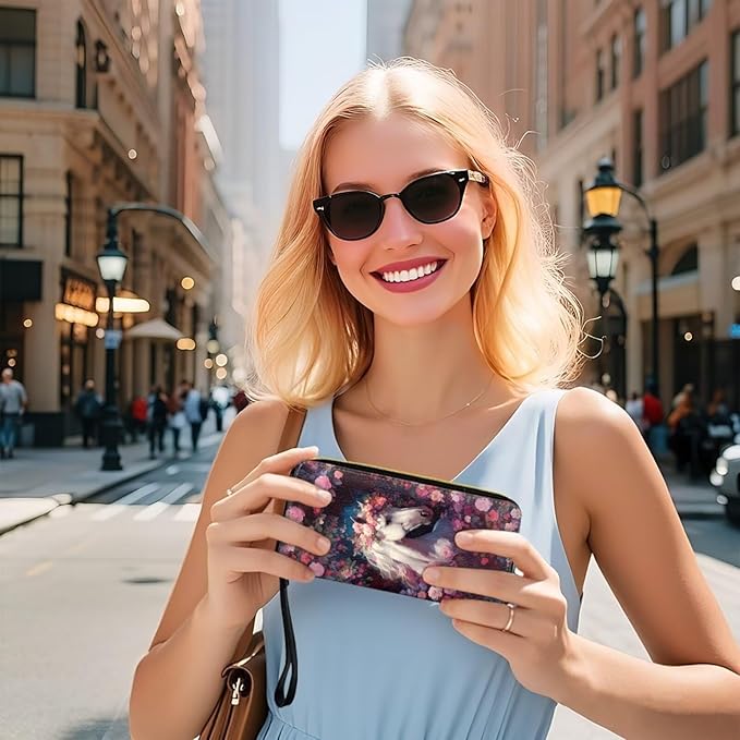 Bulopur Rose Floral Horse Women's Wallet Wristlet Ladies Phone Purse RFID Blocking Card Holder Grip Hand Strap Double Zip PU Leather Waterproof Handbag Purse Gifts