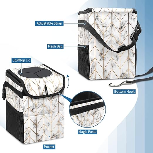 Geometric Line Arrow Pattern Auto Garbage Can with Lid, Leak-Proof Car Storage Bag, Hanging for Headrest, Collapsible and Portable, Mesh Pocket
