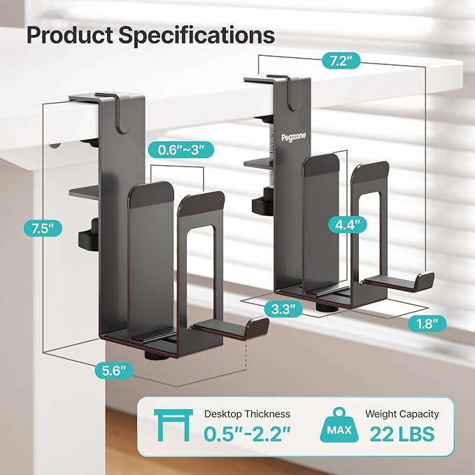 PEGZONE Laptop Stand Vertical, 2-Slot Under Desk Laptop Holder, Black | Desk Side Storage with Headphone Holder, Laptop Organizer for Office Gaming