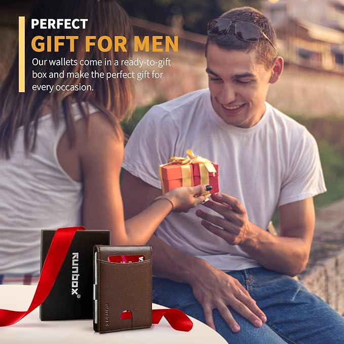 RUNBOX Slim Money Clip Wallets for Men RFID Blocking 11 Card Holder Minimalist Small Leather Bifold Men's Front Pocket Wallet Gift Box