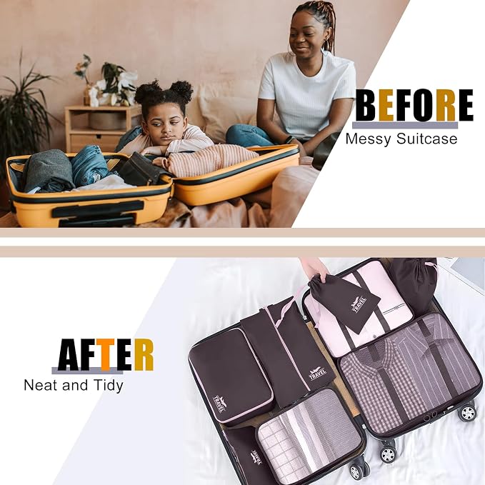 Packing Cubes for Travel - 8 Set Luggage Organizer Bags for Family, Mesh Breathable Packing Cubes for Suitcases Durable Travel Essentials Bags Set (Upgrade-Brown)