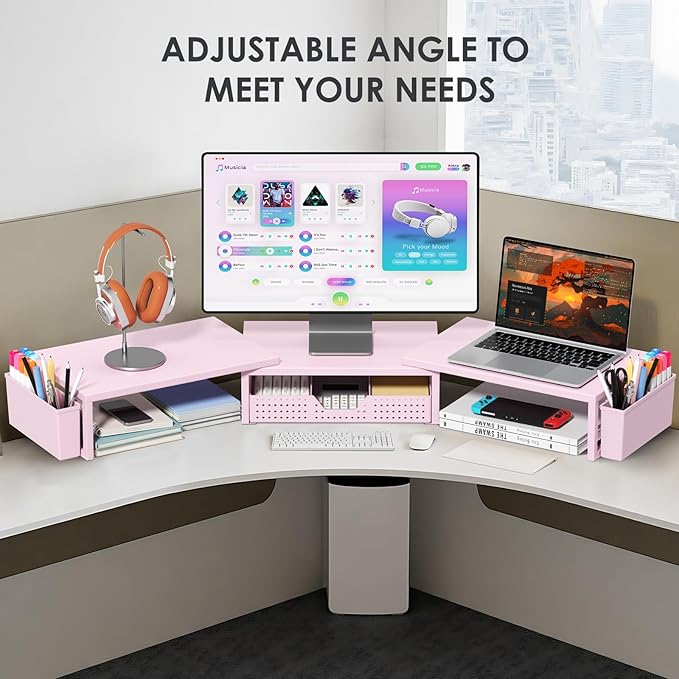 OPNICE Desk Organizers and Accessories, Dual Monitor Stand Riser with Drawer and 2 Pen Holders, Desk Shelf Metal Computer Racks for Office Workspace Organizers, Desktop Organization (Pink Metal)