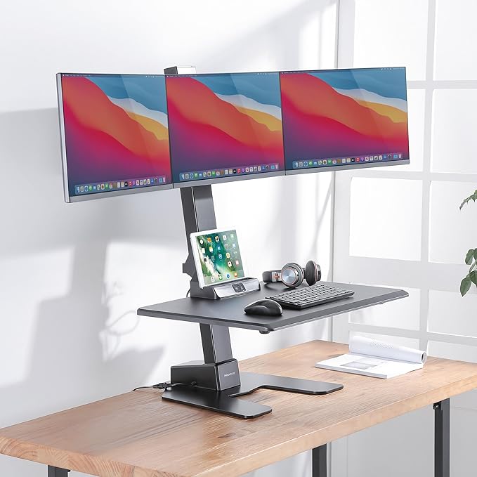 Mount-It! Triple Monitor Electric Standing Desk Converter - 3 Screens Stand Up Desk Riser - Height Adjustable Desktop & 3 Mounts for Screens up to 32", Sit-Stand Convertor for Home, Office, School