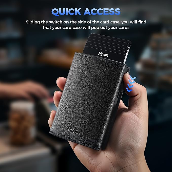 Mens Slim Minimalist Wallet Card Holder with Coin Pocket, Cash Slot, Magnetic Closure, Pop Up Aluminum Case, ID Window, Leather Wallet, RFID Blocking, 9-13 Card Capacity (Black)
