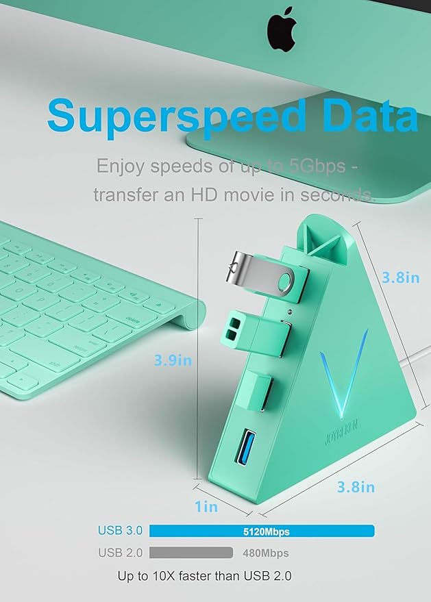 USB 3.0 Hub,4 Port USB Hub Tower,2ft Cable USB Splitter for PC, Xbox One, PS4, PS5, iMac, Surface Pro, XPS, Laptop, Desktop, Flash Drive, Mobile HDD (Green)