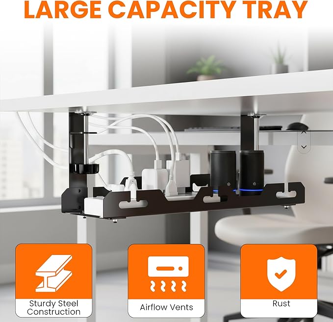 17'' Super Sturdy Cable Tray Under Desk Cord Organizer Standing Desk Cable Management System Large Power Strip Holder Cord Basket With Clamp for Wire Management Rack Office, Home, No Drill & Damage