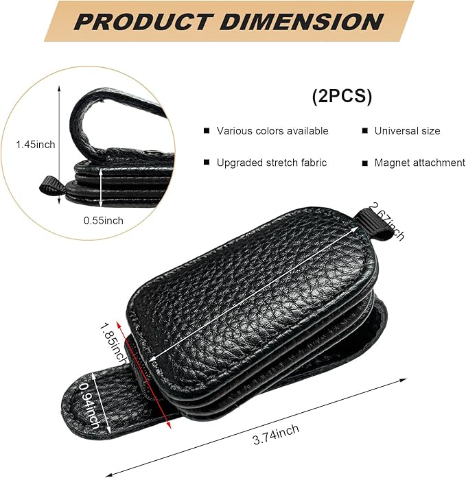 2 PCS Sunglasses Holders for Car Visor, Magnetic Leather Eyeglasses Hanger Mounter Ticket Card Clip, Auto Sun Visor Glasses Holder Business Card Organizer for Men Women (Black)