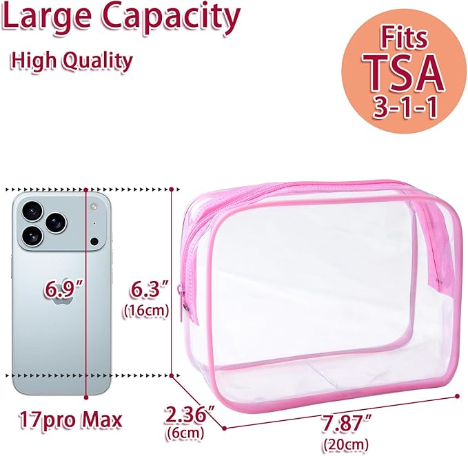6 Pieces Clear Makeup Bags Bulk, TSA Approved Toiletry Bag PVC Cosmetic Toiletries Pouch with Zipper, Waterproof Vinyl Plastic Organizer Case for for Women Carry-on Travel Essentials (Pink)