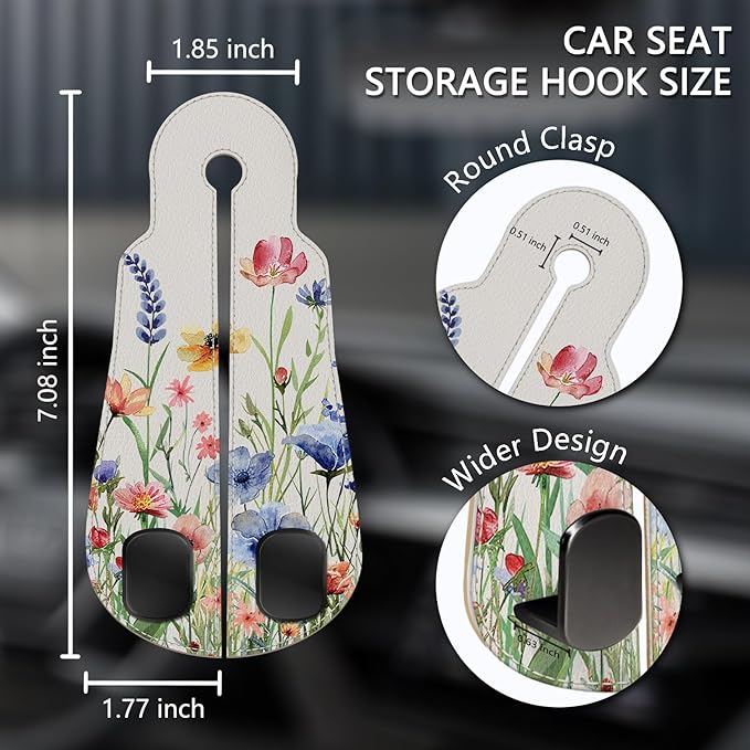 Blusabaca 2PCS Car Seat Back Storage Headrest Hooks, Floral Flowers Purse Holder Bags Hanger, PU Leather Double Metal Hook for Backseat Organizer, Women Car Accessories Organization