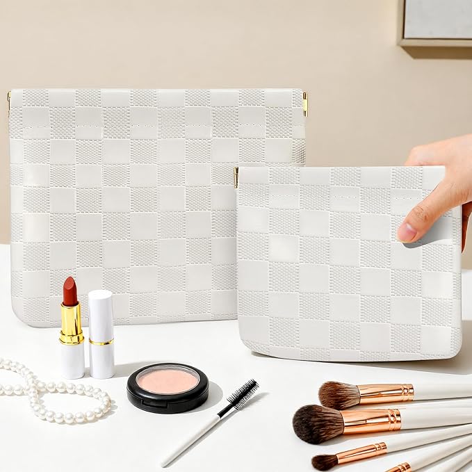 2 PCS Ladies Small Makeup Bag for Purse,Coin Purse Lipstick Cosmetic Accessories Organizer,Travel Pouch,Waterproof No Zipper Self-closing Small Makeup Pouch(White checkerboard)