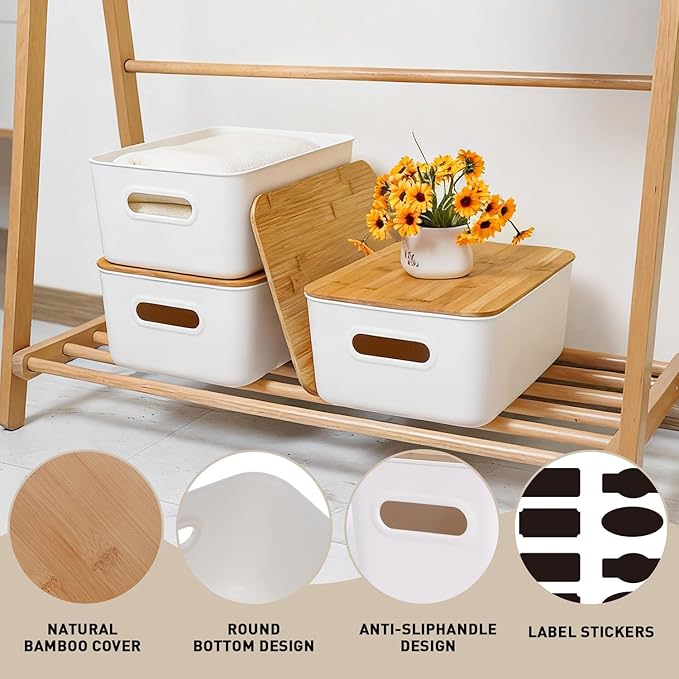 Citylife Storage Bins with Bamboo Lids 16QT Plastic Storage Containers Stackable Organizer Boxes with Handle for Desk Snacks, Toys, 2 PCS, 15" L x 10.6" W x5.8 H