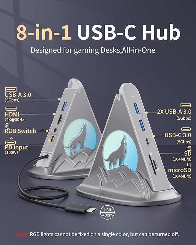 8-in-1 USB-C Multiport Adapter for MacBook Pro/Air, 4K HDMI, 3 USB-A Ports, 1 USB-C Data, 100W PD, SD/TF Card Reader & RGB Lighting, Type-C HUB for Laptops, PC Surface, XPS