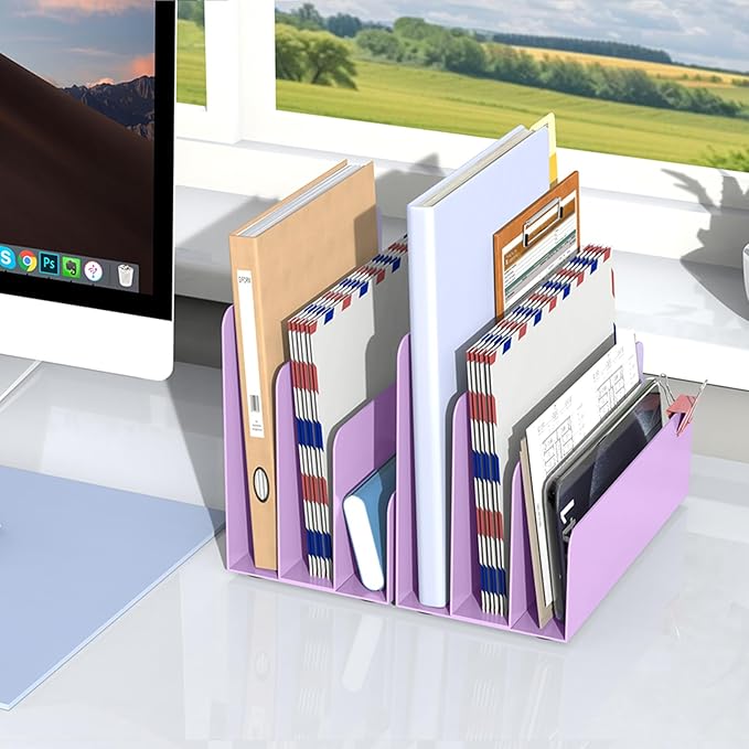 Mail Organizer Countertop, Small Desk File Organizer, Metal File Holder - Essential Workspace Organizers for Office Desk, Home Office (Purple)