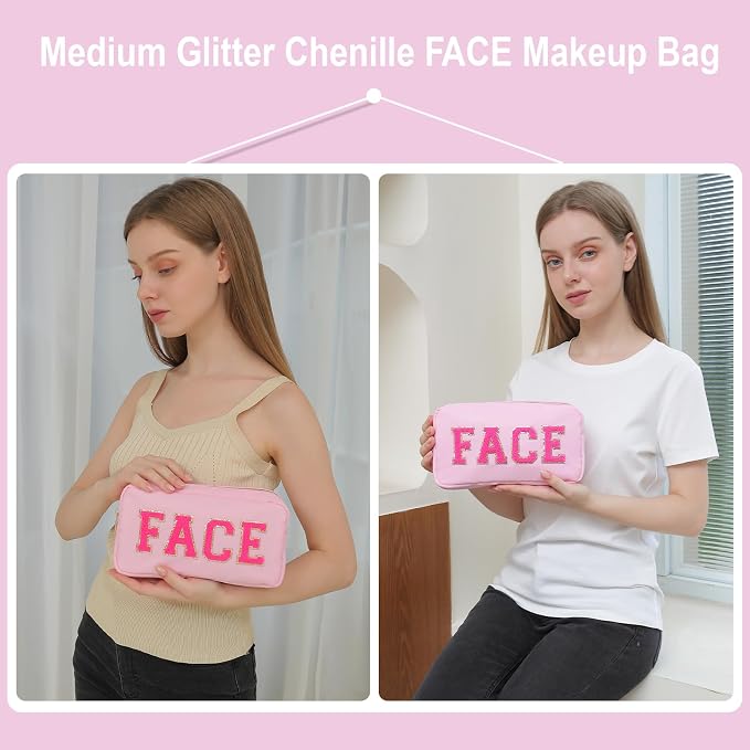Purse Makeup Bag with Glitter Chenille Mini Brush Bag Travel Size Toiletry Bag for Women Small Cosmetic Pouch for Travelling Women (M,Pink-Face)