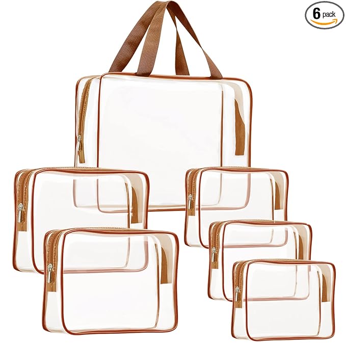 6Pcs Crystal Clear PVC Travel Toiletry Bag Kit for Women Men, Waterproof Vinyl Packing Organizer Storage Bags with Zipper Handle Straps, Cosmetic Pouch Carry on Airport Airline Compliant Bag Handbag