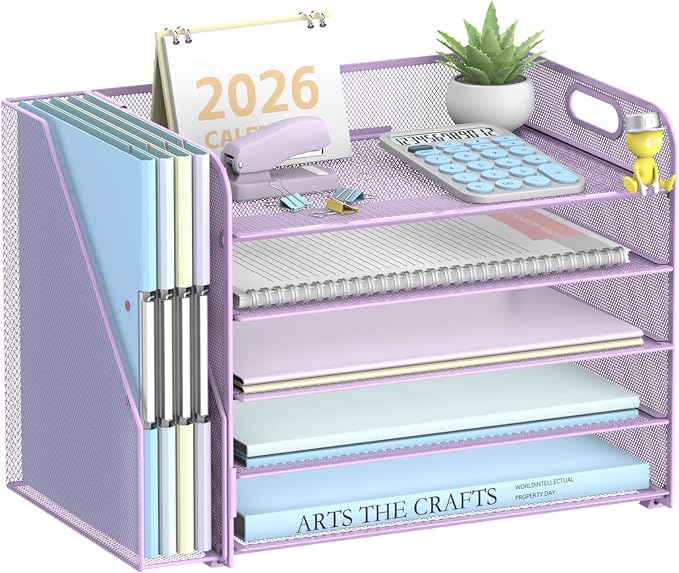 SUPEASY 5-Tier Desk Organizer with File Holder, Desk Organizers and Accessories, Paper Organizer for Desk, Mesh Desktop File Organizer, Workspace Organizers for Office School Home, Purple
