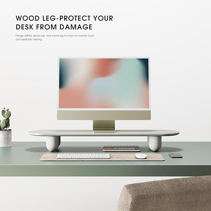 Fenge Monitor Riser, 34 Inch Dual Monitor Stand for Large Monitors, Desk Organizer with Wooden Shelf & Solid Wood Legs, Computer Stand for Laptop, TV, PC, Printer, White