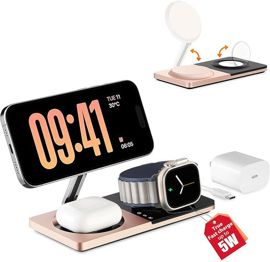 3 in 1 Charging Station for Apple Devices: Mag-Safe Charger Stand Fast Charging, Wireless Charger for iPhone 17 Air 16 15 14 13 12 Series, Apple Watch Series 1-9/Ultra, AirPods Pro (Golden)