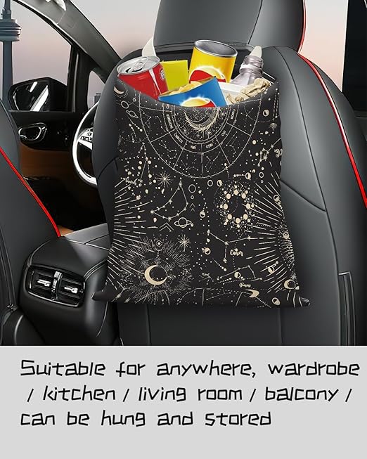 Car Trash Can, Seat Back Hanging Car Trash Bag, Cute Canvas Car Garbage Bag, Essential Car Trash Bin Car Organizers Sun and Moon