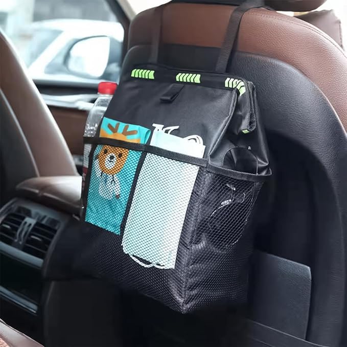 Hanging Car Trash Can with Storage Pockets, Waterproof Leakproof Automotive Garbage Bag, Washable Foldable Large Capacity Vehicle Trash Bin, Universal for RV, SUV, Truck (Black)