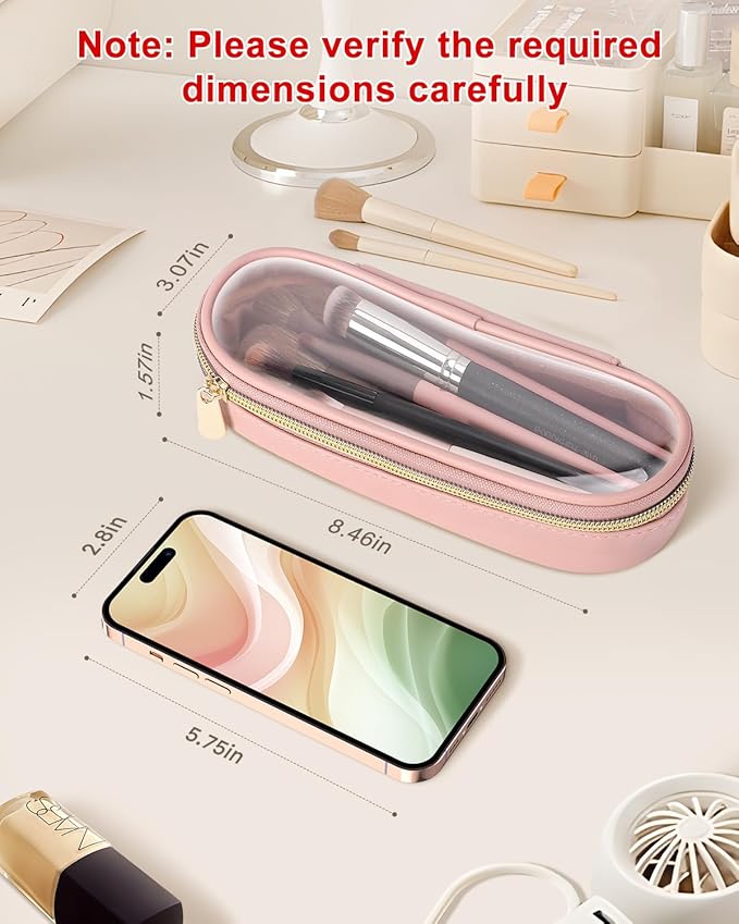 Soimeat Clear Travel Makeup Brush Holder, Leather Makeup Brush Toiletry Bag, Portable Cosmetic Brush Case, Transparent Waterproof Makeup Brush Storage Bag, Pink, Large