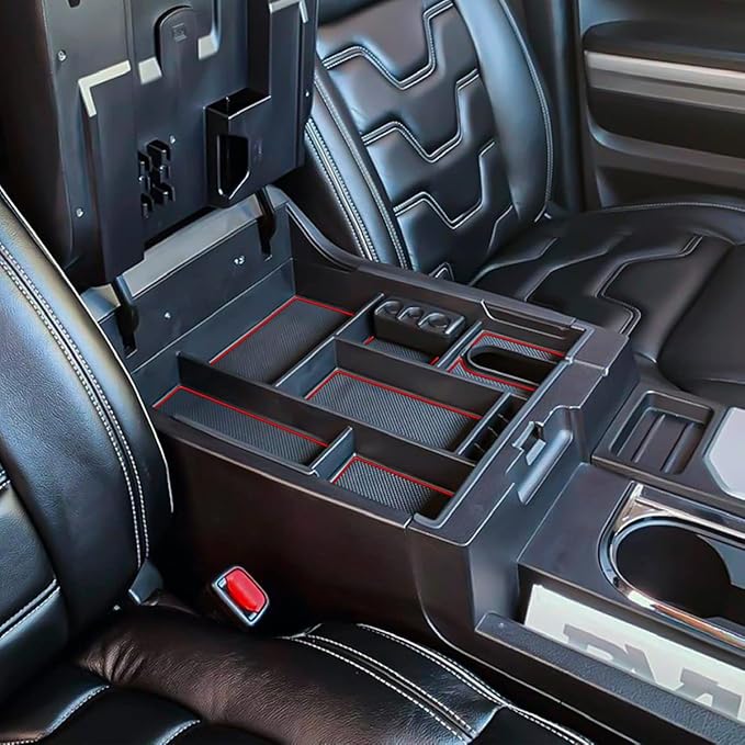 EDBETOS Center Console Tray Organizer Compatible with Toyota Tundra 2014 2015 2016 2017 2018 2019 2020 2021 Accessories, Armrest Secondary Storage Box (Red Trim)