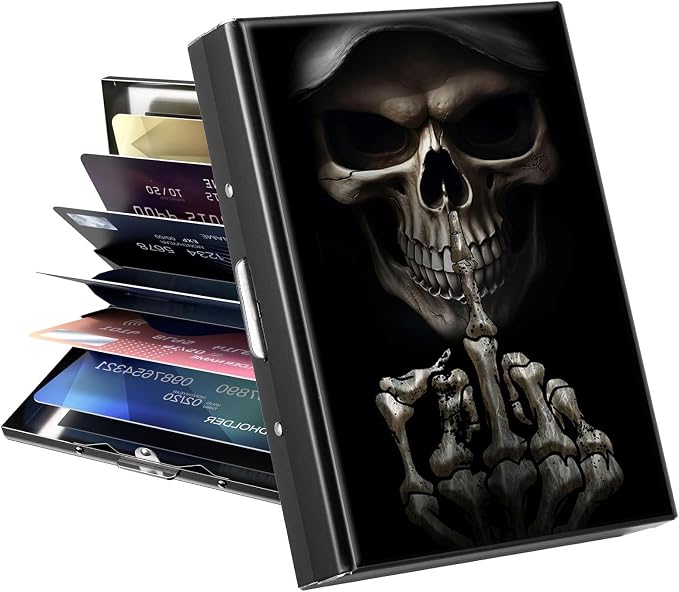 Metal Wallet for Women Men Girls, RFID Blocking Slim Aluminum Credit Card Holder, Mini Travel Wallet with Hard Shell, Lightweight ID & Business Card Case,A Skulls