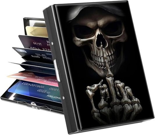 Metal Wallet for Women Men Girls, RFID Blocking Slim Aluminum Credit Card Holder, Mini Travel Wallet with Hard Shell, Lightweight ID & Business Card Case,A Skulls