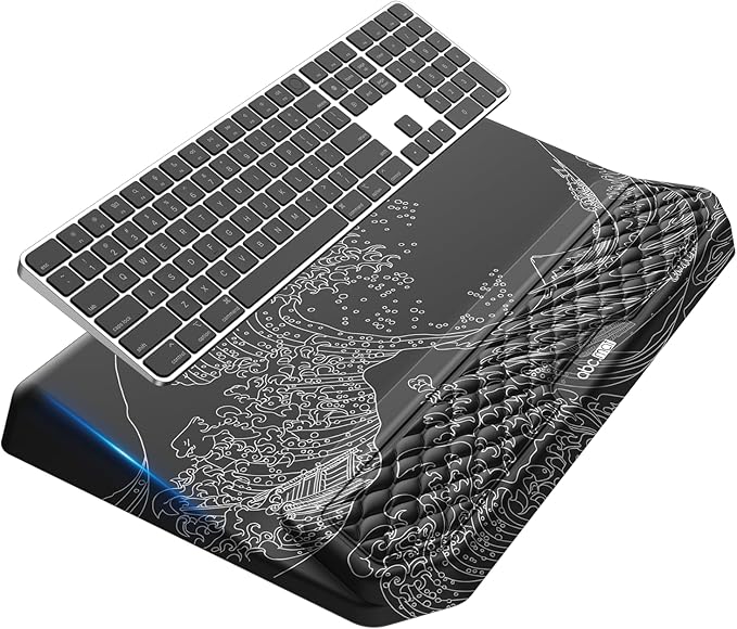 2-in-1 Ergonomic Keyboard Stand with Wrist Rest, Comfy Keyboard Riser Holder with Massage Design, Black Wave of Kanagawa